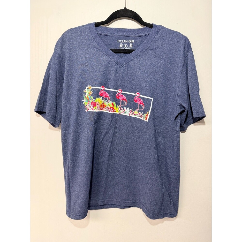 Ocean Girl St. Maarten Flamingo V-Neck T-Shirt Women's Large Blue 100% Cotton